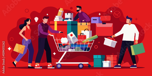 Massive shopping cart overflowing with products, filled with shoppers pushing and loading items. Black Friday shopping frenzy, retail success in modern retail space