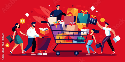 Carro de compras enorme repleto de productos, lleno de compradores empujando y cargando artículos. Frenesí de compras del Black Friday, éxito del comercio minorista en el espacio comercial moderno
