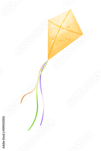 Watercolor yellow kite with ribbons of different colors. Vector  illustration