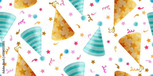 Seamless pattern with party hats. Vector watercolor background
