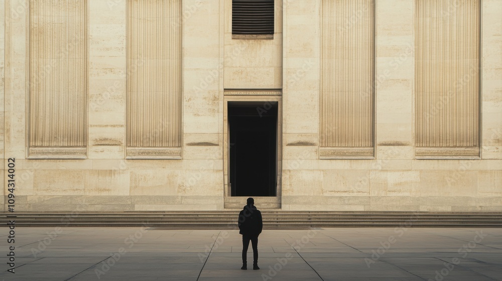 A single protestor standing in front of a government building, Symbolizing the fight for justice and social change, minimalistic composition