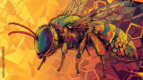 Vibrant Digital Illustration of a Honeybee on a Geometric Background. AI Generated photo