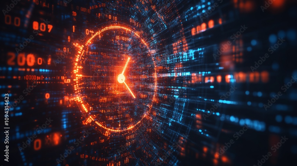 Abstract digital clock in a futuristic data stream. Abstract digital clock in a futuristic data stream.