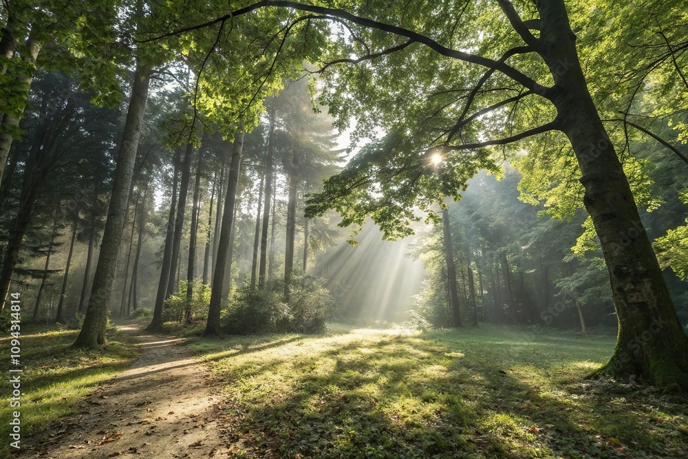 Fototapeta premium Sunlight filtering through trees on a forest floor, foliage, light and shadow