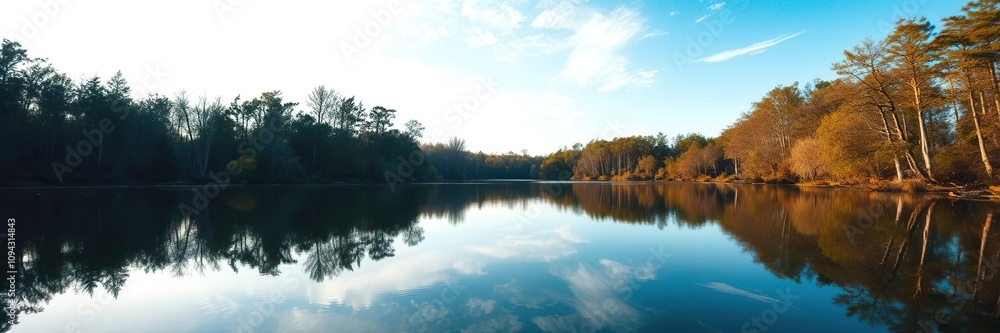 A peaceful scene of a calm lake reflecting the surrounding trees and sky, serene atmosphere, soothing scene A peaceful scene of a calm lake reflecting the surrounding trees and sky, serene atmosphere, soothing scene