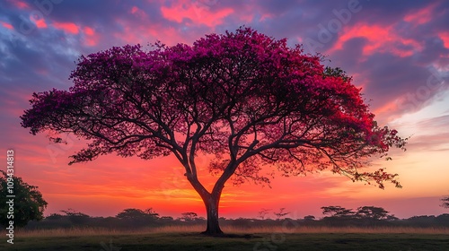 Silhouetted Tree Against a Vibrant Sunset Sky. AI Generated