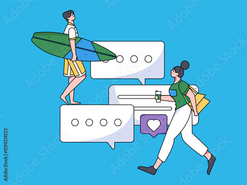 Virtual characters social communication concept business flat vector hand drawn illustration
