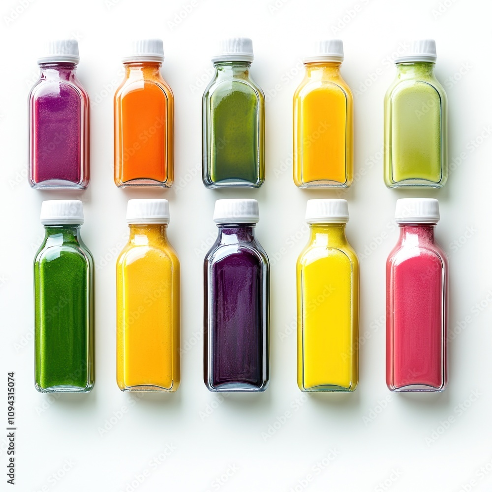 A collection of colorful juice bottles arranged in two rows on a white background. A collection of colorful juice bottles arranged in two rows on a white background.