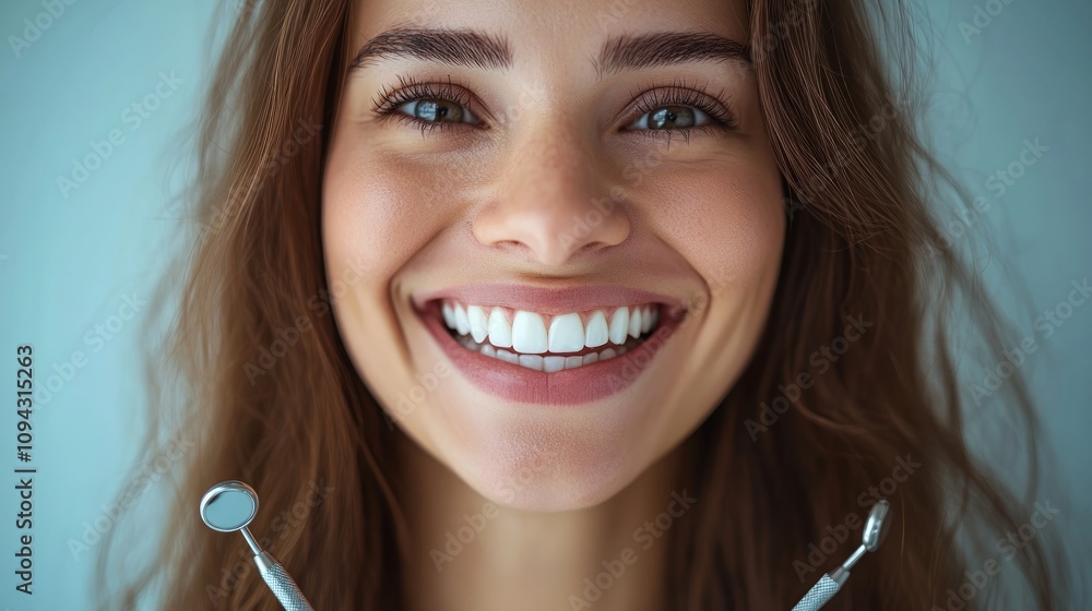 Close-up of a young woman with a bright, healthy smile, dental tools subtly in the foreground. Close-up of a young woman with a bright, healthy smile, dental tools subtly in the foreground.