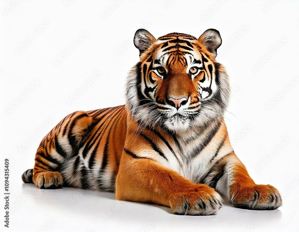 Fototapeta premium Tiger lying down isolated on white. Majestic Bengal Tiger Lying on White Background