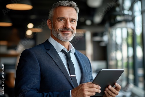 Middle aged businessman in blue suit using tablet in modern office environment