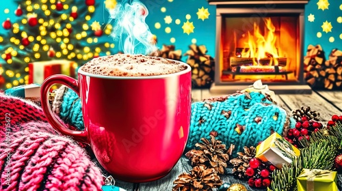 Wallpaper Mural Cozy Holiday Moments: A Warm Red Mug of Hot Cocoa, Knit Sweater Hands, and a Glowing Fireplace - Perfect Poster for a Cozy Home or Chic Café Décor! Torontodigital.ca