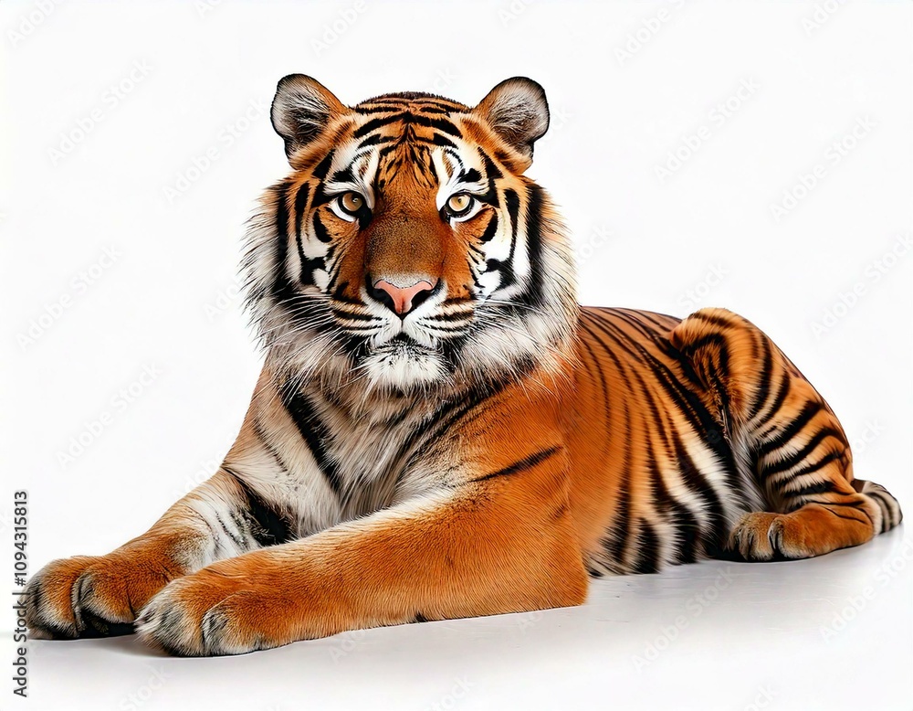 Obraz premium Tiger lying down isolated on white. Majestic Bengal Tiger Lying on White Background