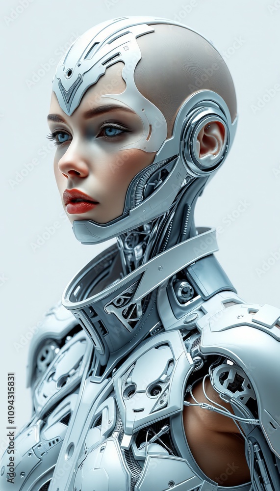 Womanly cyborg with a painted skull face, a futuristic humanoid fashion statement Womanly cyborg with a painted skull face, a futuristic humanoid fashion statement