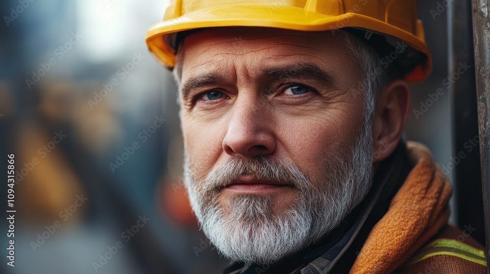 A man with a yellow hard hat and gray hair A man with a yellow hard hat and gray hair