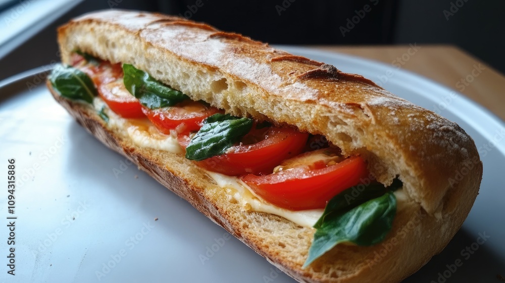 Delicious tomato basil sandwich cozy cafe food photography bright setting close-up view culinary delight Delicious tomato basil sandwich cozy cafe food photography bright setting close-up view culinary delight