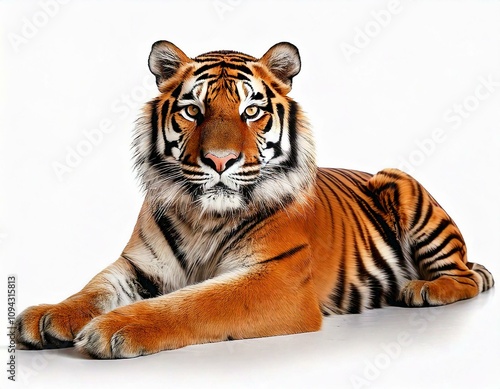 Tiger lying down isolated on white. Majestic Bengal Tiger Lying on White Background photo