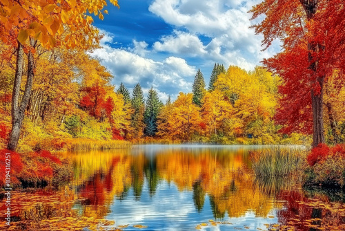 Serene Autumn Lake with Vibrant Colors and Calm Waters