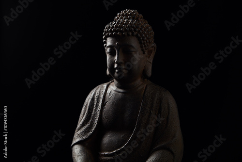 Meditating Buddha Statue on dark background. Soft focus. Close up. Copy space. 