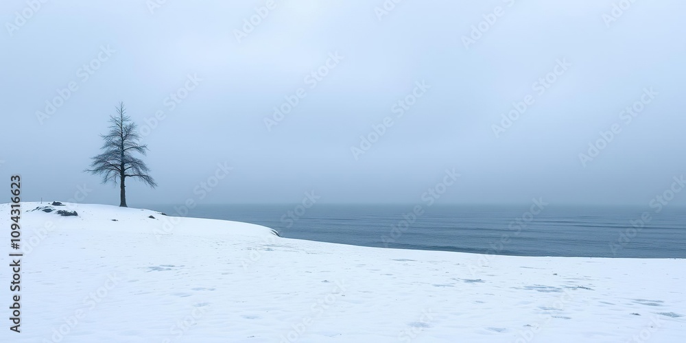 A snow-covered seashore with a lone tree standing tall against the gray winter sky, wintry wonderland, frozen beach A snow-covered seashore with a lone tree standing tall against the gray winter sky, wintry wonderland, frozen beach
