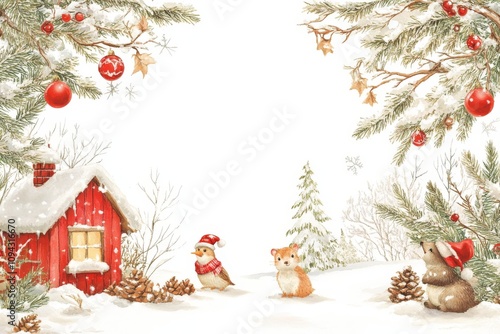 Christmas scene with snow-covered cabin and winter animals in festive hats.
