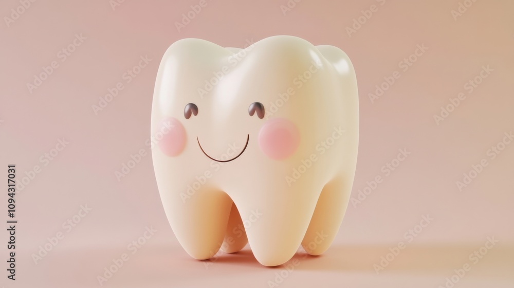 Happy tooth illustration with a smiling expression and blush cheeks on a neutral background, representing dental health Happy tooth illustration with a smiling expression and blush cheeks on a neutral background, representing dental health