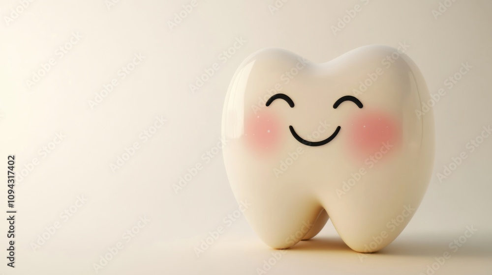 Minimal 3D render of a smiling tooth with blush cheeks on a clean white background, symbolizing dental hygiene Minimal 3D render of a smiling tooth with blush cheeks on a clean white background, symbolizing dental hygiene