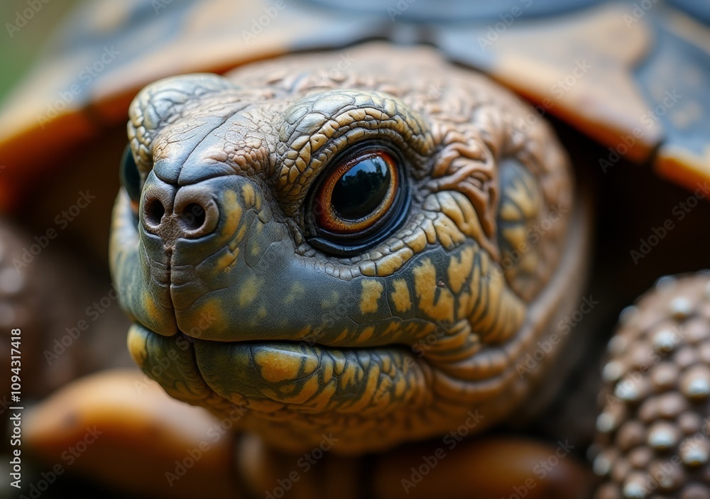 Obraz premium Close-up view of a tortoise revealing its intricate shell patterns and facial features