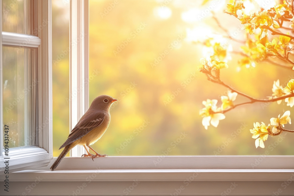 Fototapeta premium Sparrow Resting on a Sunlit Windowsill with Blossoming Branches