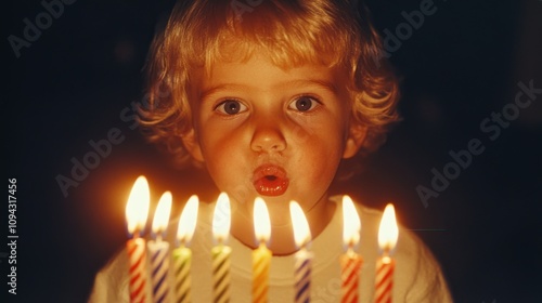 Wallpaper Mural Child blowing out birthday candles, eyes wide with excitement Torontodigital.ca
