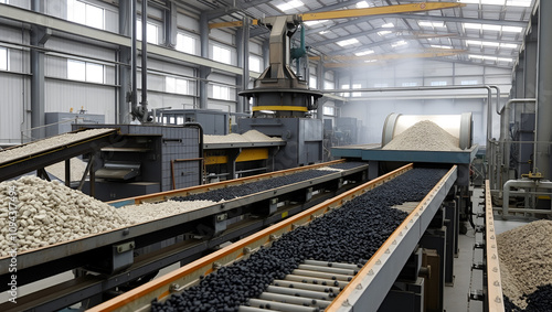 A processing plant sorts raw materials into refined ores, machinery whirring as conveyor belts move steadily photo