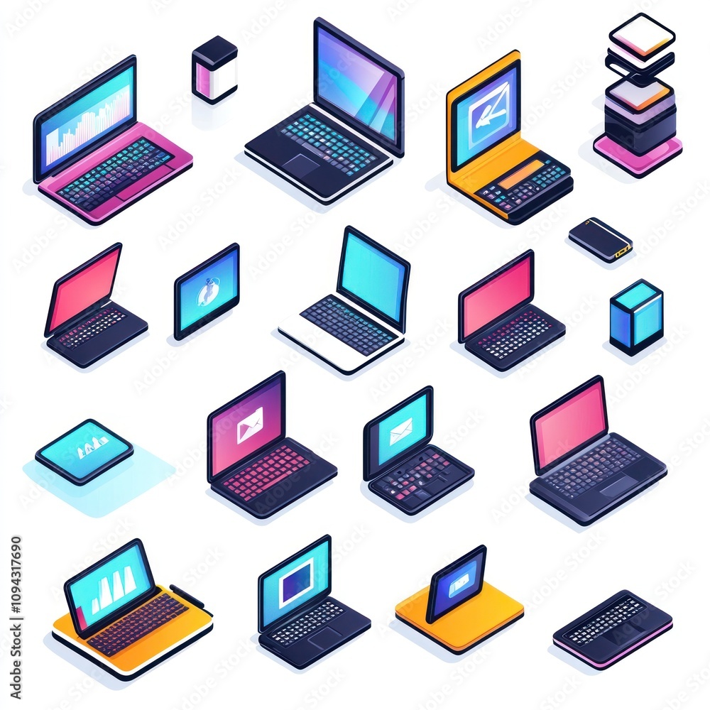 A collection of isometric laptops and devices showcasing technology and data visualization. A collection of isometric laptops and devices showcasing technology and data visualization.