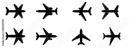 Black and White Vector Airplane Icon Set for Travel and Flight Design