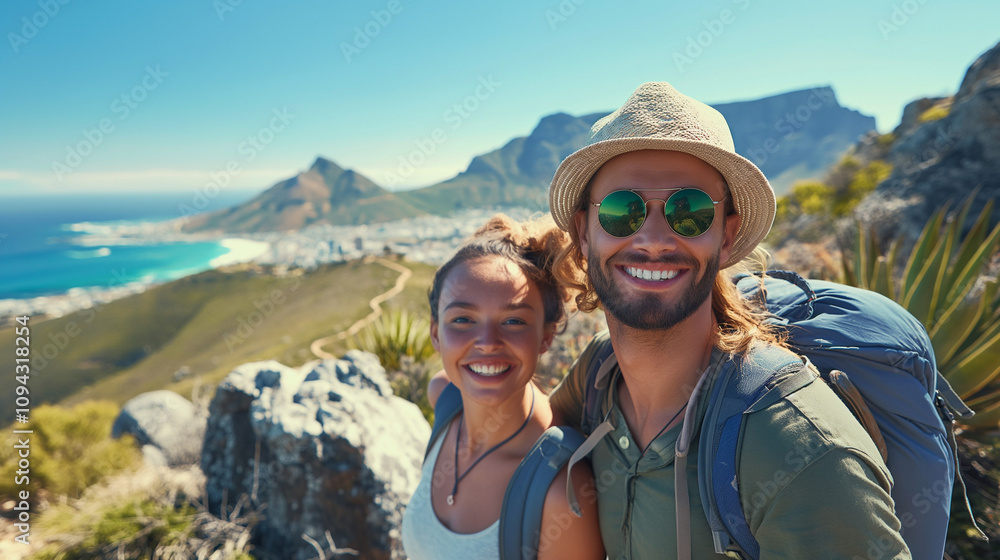 Young couple taking a selfie with coastal view. Young couple taking a selfie with coastal view.