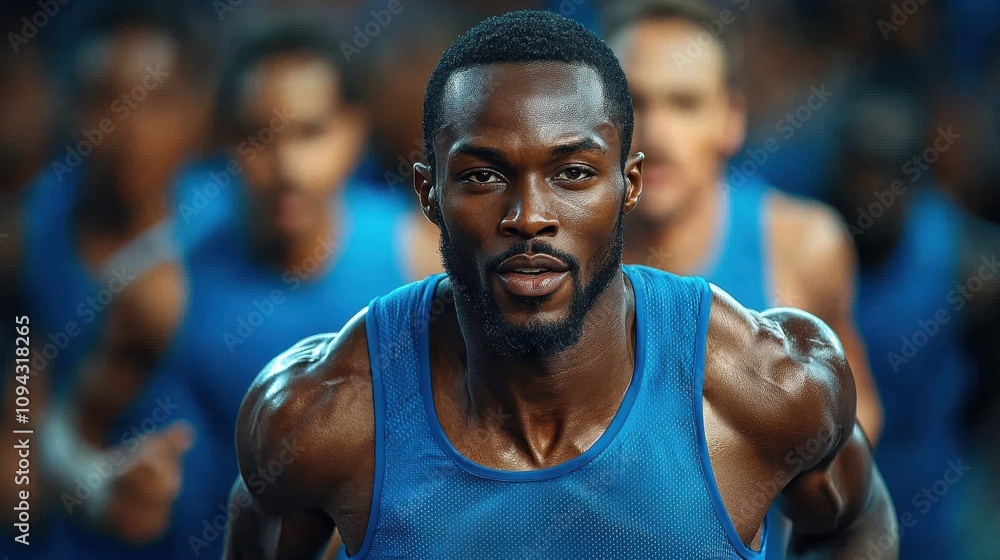Strong athlete sprinting during a competitive running event in a stadium filled with enthusiastic spectators Strong athlete sprinting during a competitive running event in a stadium filled with enthusiastic spectators