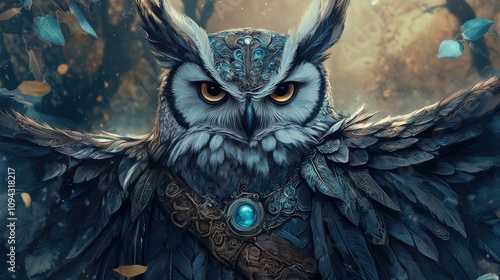 Majestic owl wearing fantasy armor, perfect for blogs, greeting cards, stationery designs and educational content photo