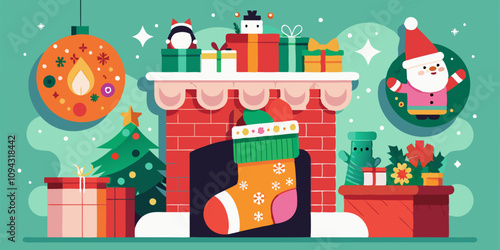 Enorme calcetín festivo colgado de una chimenea, personajes llenándolo de regalos y decorándolo con motivos festivos. Vibraciones de temporada navideña con fondo de rojo pastel a verde