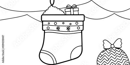 Minimalist Line Art Of Massive Festive stocking hanging from a fireplace, characters filling it with gifts, decorating with festive patterns.