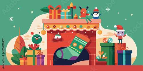 Enorme calcetín festivo colgado de una chimenea, personajes llenándolo de regalos y decorándolo con motivos festivos. Vibraciones de temporada navideña con fondo de rojo pastel a verde