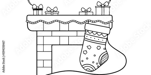 Minimalist Line Art Of Massive Festive stocking hanging from a fireplace, characters filling it with gifts, decorating with festive patterns.