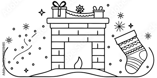 Minimalist Line Art Of Massive Festive stocking hanging from a fireplace, characters filling it with gifts, decorating with festive patterns.