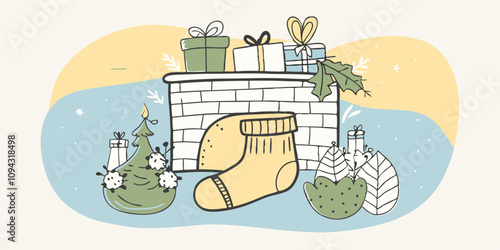 Minimalist Line Art Of Massive Festive stocking hanging from a fireplace, characters filling it with gifts, decorating with festive patterns.
