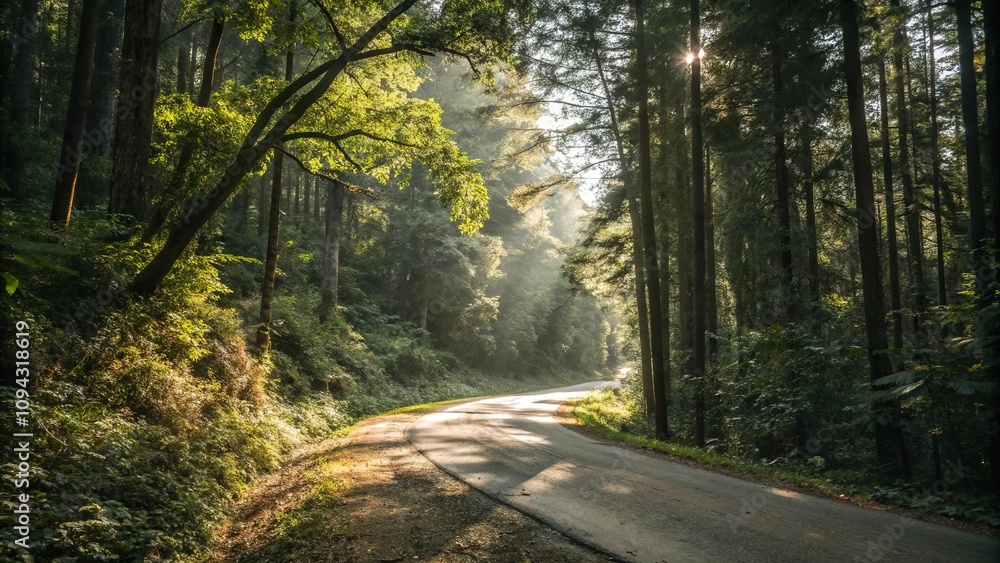 A winding forest road surrounded by dense foliage and tall trees with sunlight filtering through the leaves, tall trees, woodland surroundings A winding forest road surrounded by dense foliage and tall trees with sunlight filtering through the leaves, tall trees, woodland surroundings