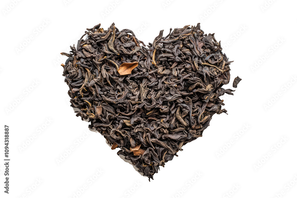 Dry Darjeeling tea leaves arranged into a heart shape, perfectly isolated on white. Dry Darjeeling tea leaves arranged into a heart shape, perfectly isolated on white.