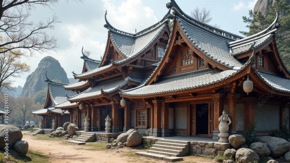 Fototapeta premium Traditional Asian Architecture Featuring Intricate Wooden Structures Surrounded by Boulders and Landscapes in a Serene Environment
