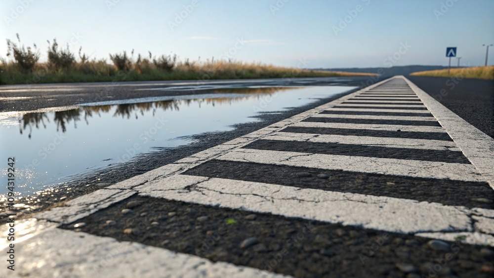 Black and white striped road with a blurred reflection in a puddle, cityscape, background, puddle, road, reflection Black and white striped road with a blurred reflection in a puddle, cityscape, background, puddle, road, reflection