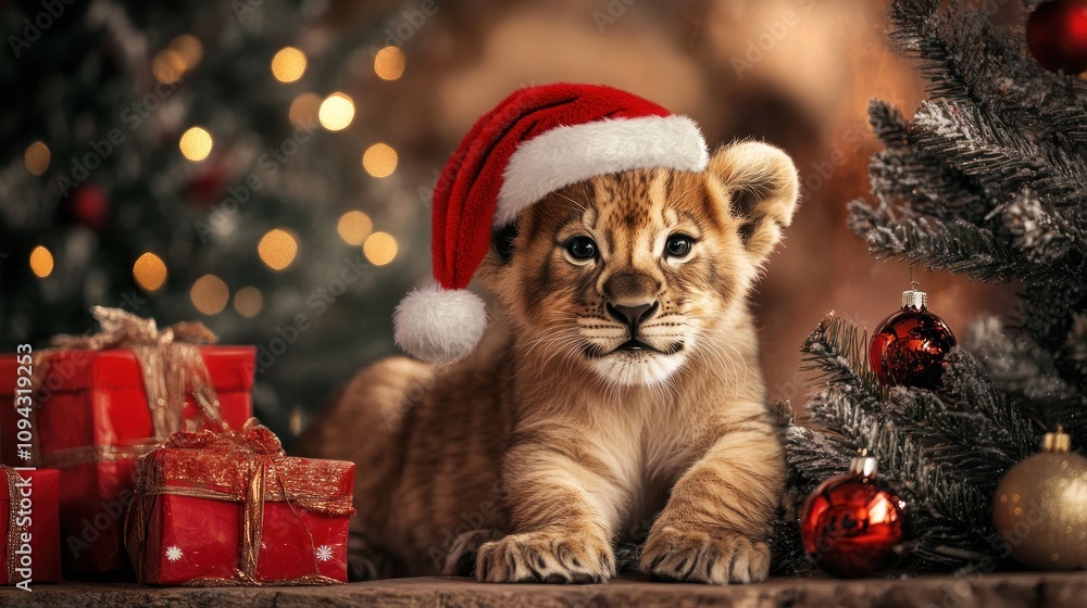 Festive Lion Cub in a Tiny Santa Hat, Sitting Beside a Christmas Tree Adorned with Gifts Festive Lion Cub in a Tiny Santa Hat, Sitting Beside a Christmas Tree Adorned with Gifts
