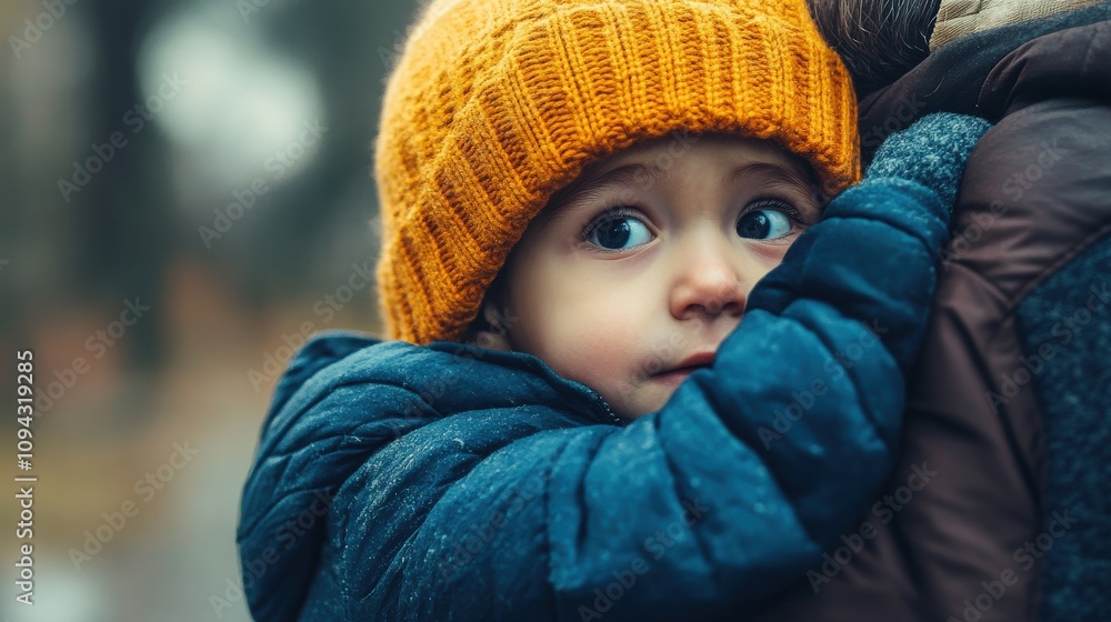 Child looking scared, clinging to a parent for comfort Child looking scared, clinging to a parent for comfort