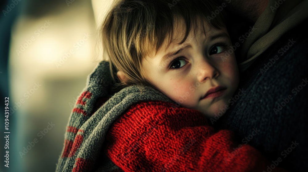 Child looking scared, clinging to a parent for comfort Child looking scared, clinging to a parent for comfort