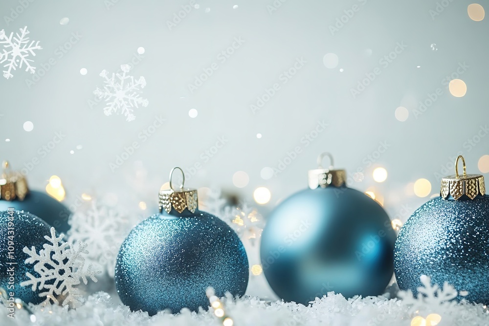 Blue Christmas balls with snowflakes on snowy backdrop Blue Christmas balls with snowflakes on snowy backdrop